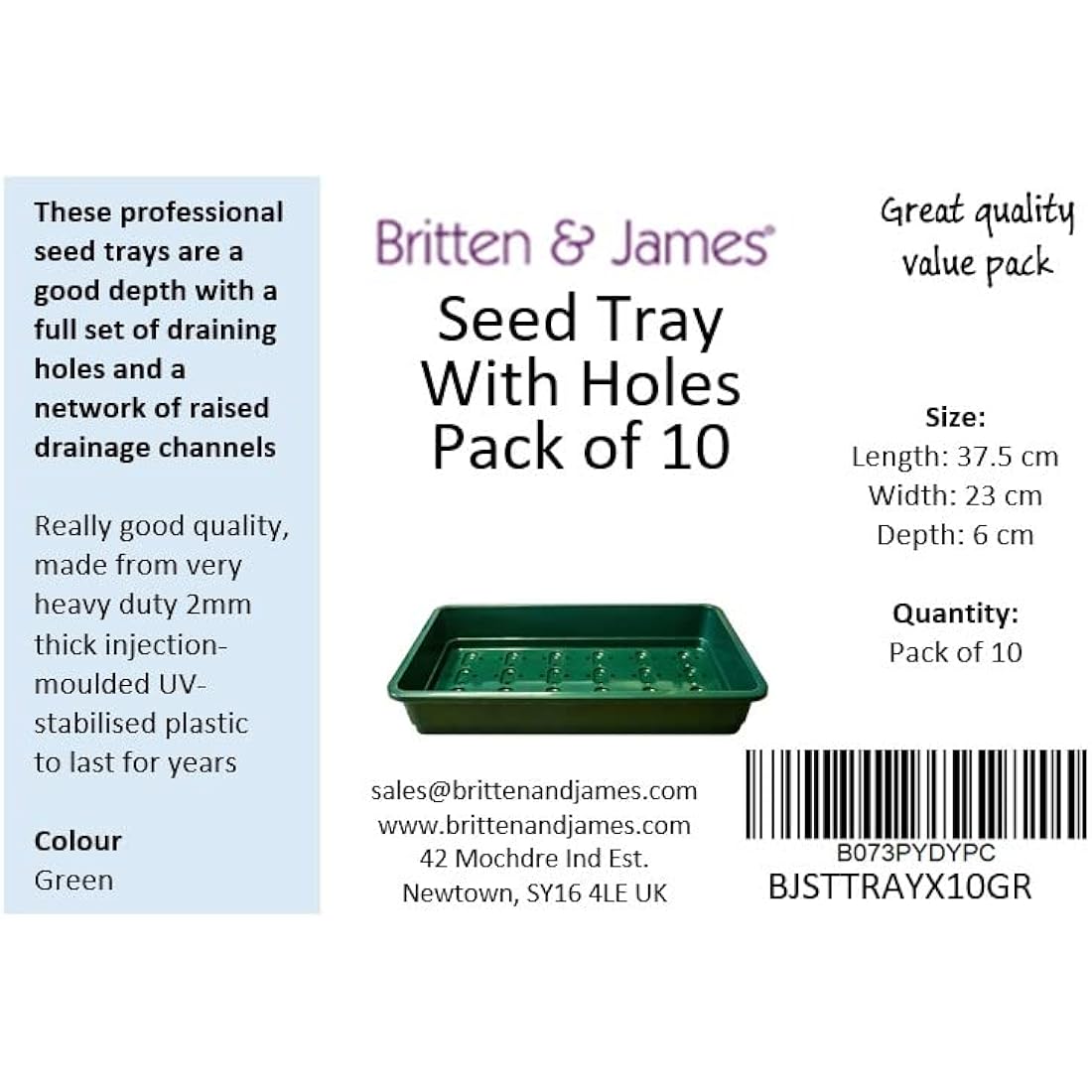 Britten & James Professional Standard Seed Tray Green with Holes [Pack of 10] 37.5 x 23cm/15 x 9. Heavy duty trays made from extra thick plastic with efficient drainage holes