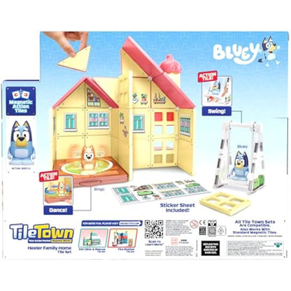 Tile Town Bluey Heeler Home Magnetic Tiles Construction Building Playset with Bluey and Bingo Figures, Kids 3-5+, New Action Tiles for Action Play, Realistic Builds, STEM Creative Toy