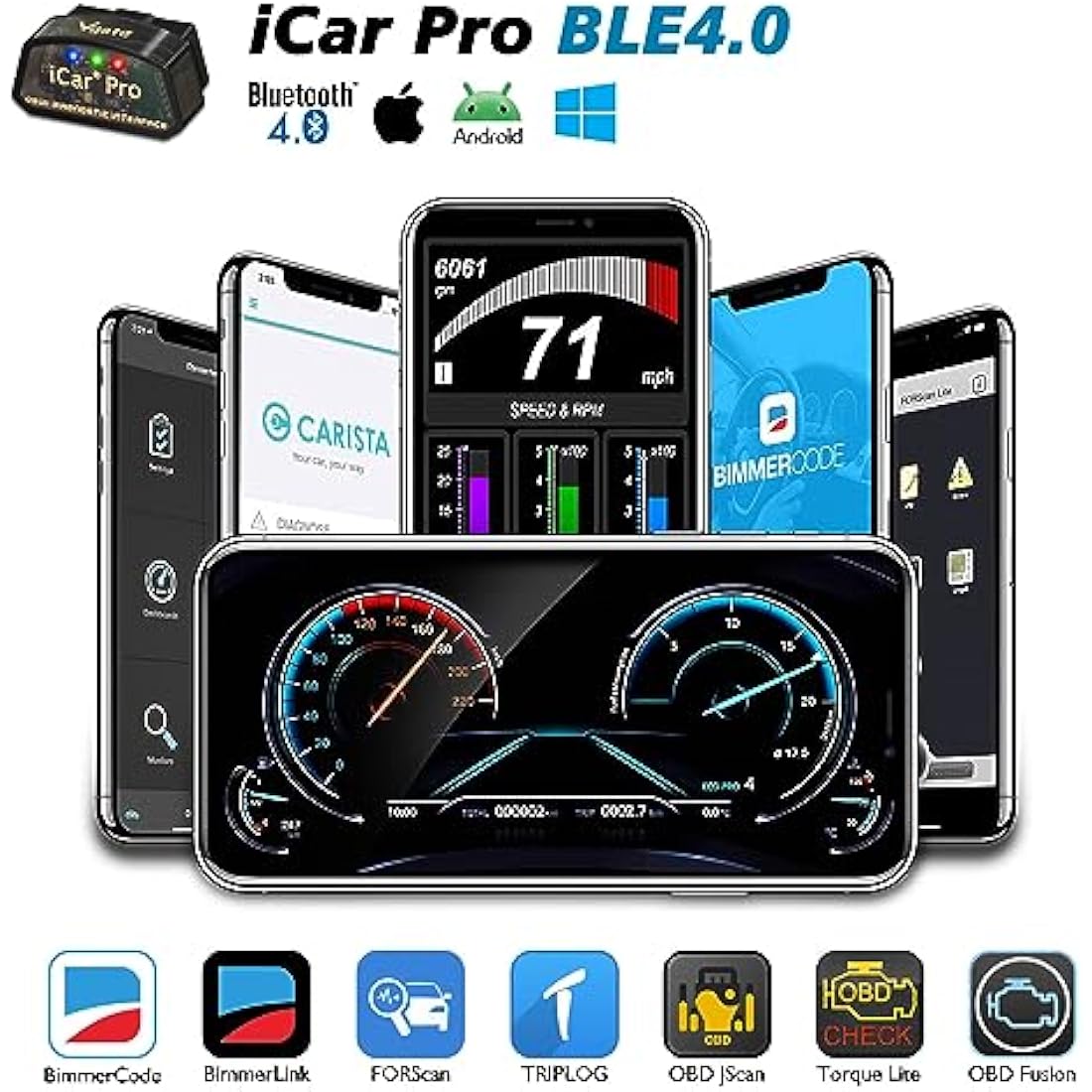 Vgate iCar Pro Bluetooth 4.0 OBD2 Code Reader OBDII Fault Diagnostic Tool Compatible Car Adapter Check Engine Light for iOS, iPhone, Android and Windows
