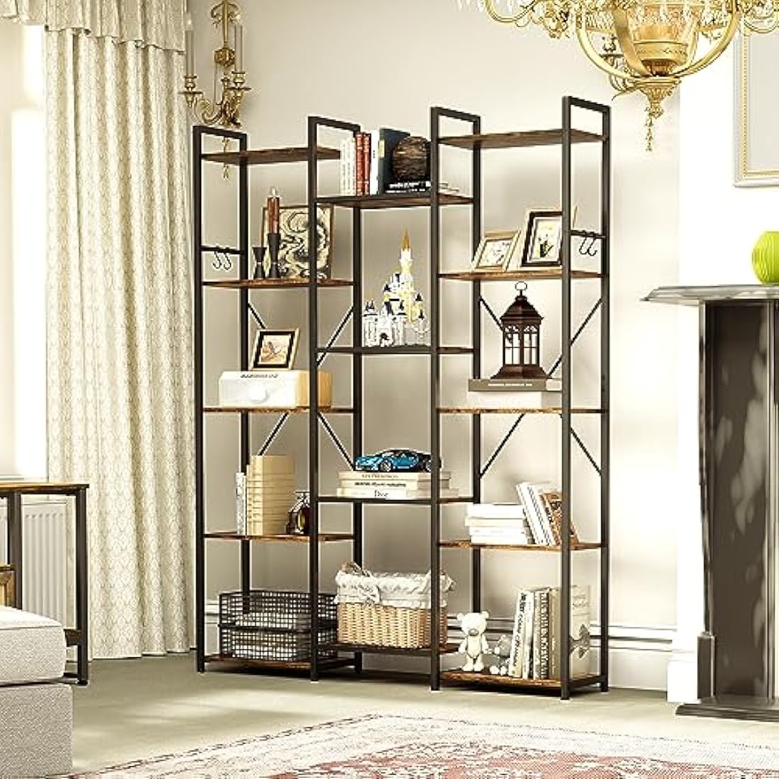 YITAHOME Bookcase, Floor Standing Book shelf with 14 Shelves and Hooks Tall Shelving Unit Display Storage Rack with Stable Metal Frame for Living Room, Home Office, Rustic Brown Bookshelf