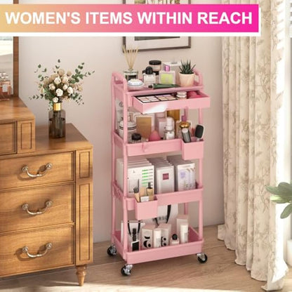 Yeabett 4 Tier Craft Trolley, Storage Trolley On Wheels Utility Cart With Drawer For Kitchen, Bathroom, Office, Living Room, Pink