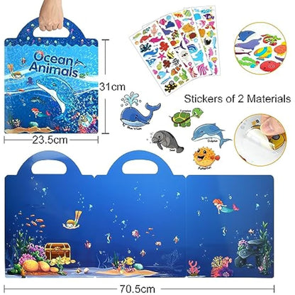 ASTARON Reusable 3D Puffy Sticker Book for Kids, 88 Pcs Cute Waterproof Ocean Animals Stickers, Puffy Sticker Game Travel Stickers and Educational Sensory Learning Toy（3-6 Age）