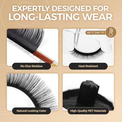 LASHVIEW 0.20 Thickness C Curl11mm Silk Fake Eyelash Extensions Natural Thick Lashes Semi-Permanent Individual Eyelashes Application for Professional Salon Use