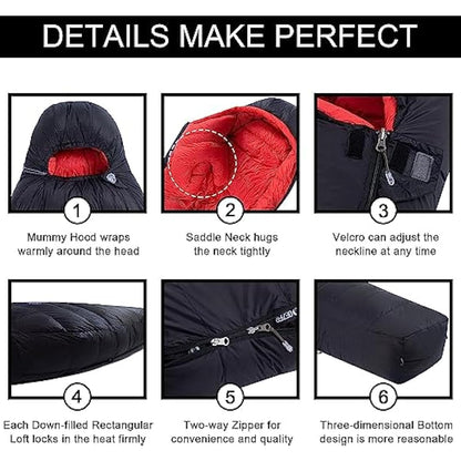 QEZER Winter Sleeping Bag for Adults, Lightweight Down Sleeping Bag -20 Degree C for Cold Weather Camping and Mountaineering Outdoor with 660 FP Duck Down