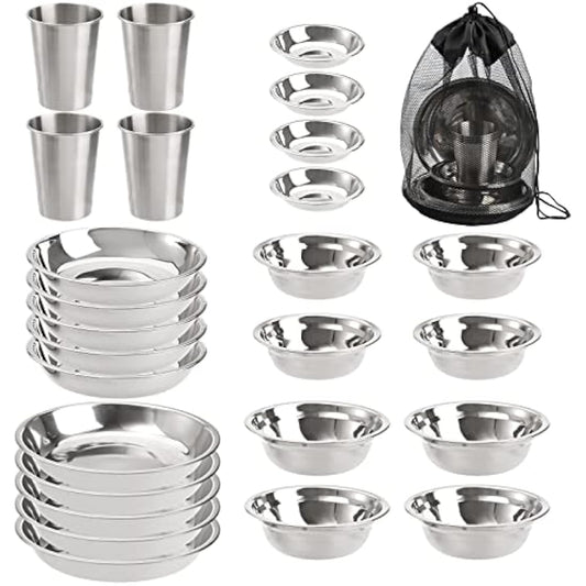 TOPZEA Stainless Steel Camping Plates and Bowls Set, Camping Mess Kits Camping Dish Set Tableware, Stainless Steel Dinnerware for Camping, Hiking, Picnic, RVs