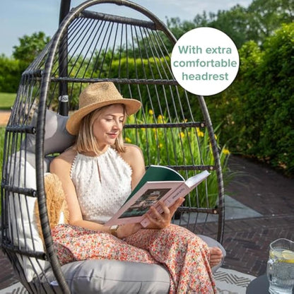 Vita5 Hanging Egg Chair Indoor&Outdoor - Swing Chair with Frame Polyrattan with Cushion - Hanging Chair Outdoor and Indoor - Foldable Hammock Chair - Maximum Load 150kg - Light grey