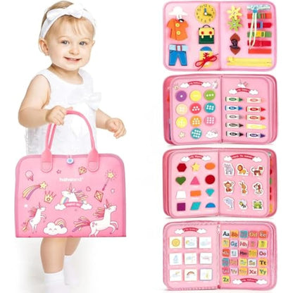 Hahaland Montessori Busy Board for Children of 3+ Years Old, Activity Sensory Book Offers Preschool Educational Skill Learning, Quiet Travel Toys for Plane Car, Birthday Gifts for Girls - Pink Unicorn