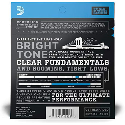 D'Addario Bass Guitar Strings - XL Nickel - EXL170 - Perfect Intonation, Consistent Feel, Powerful Durability - 4 String Set - 45-100 Regular Light, Long Scale