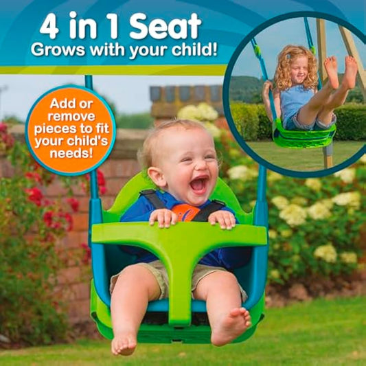 TP Toys Quadpod 4-in-1 Growable Swing Seat Green, Outdoor Playground Baby Swing Seat with Adjustable Ropes and Safety Strap, Toddler Swing for Gardens and Playgrounds, Kids 6 months - 8 years One Size