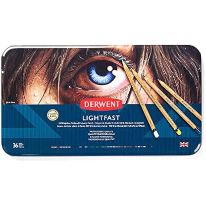 Derwent 2302721 Lightfast Pencils Tin Round,Premium Core Strength,Creamy Texture,Ideal For Fine Art Drawing & Colouring, Professional Quality set of 36,Yellow,Green,White,Salmon,Violet,Brown,Black