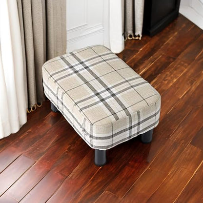 IBUYKE 42CM Small Footstool, Linen Fabric Pouf, with Padded Seat Pine Wood Legs Rectangular Stool, Small Under Desk Footrest
