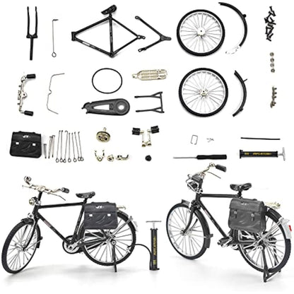 1PCS Retro Bicycle Model Ornament for Kids, 51 Pcs Simulation Mini Bike Model Scale Kit with Inflator & Briefcase, 1:10 Creative Iron Art Tabletop Ornament Toys for Gifts Home Office Decor (BLACK)