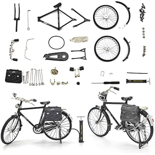 1PCS Retro Bicycle Model Ornament for Kids, 51 Pcs Simulation Mini Bike Model Scale Kit with Inflator & Briefcase, 1:10 Creative Iron Art Tabletop Ornament Toys for Gifts Home Office Decor (BLACK)