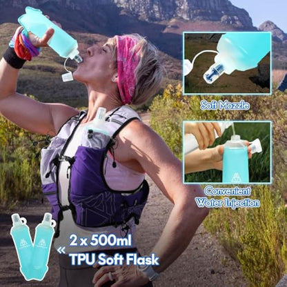 Haimont Hydration Running Vest with Water Bottles for Women Men, Adjustable Lightweight 8L Water Backpack with Soft Flasks for Trail Running Marathon