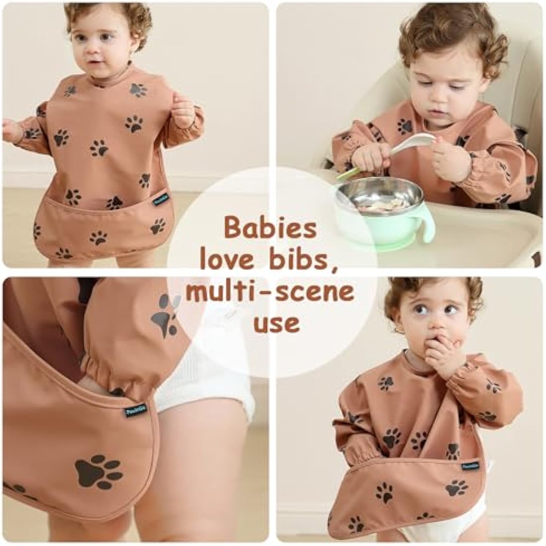 PewinGo Weaning Bib with Long Sleeves & BLW, Soft and Skin-Friendly Material, Coverall Bibs for Baby Feeding, Waterproof Easy to Clean Machine Washable, Infant Toddlers (Orange)