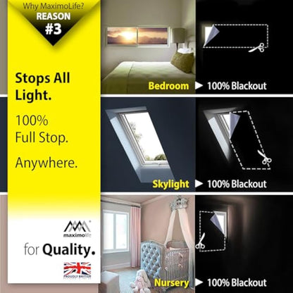 MaximoLife® Ultimate 100% Blackout Blind | Fits Any Size/Shape Window | Unique Cutting Guide Easier Cut-to-Size | Super Strong Suction Cups | Heat & Cold Resistant Hook & Loop | No Drill Stick On