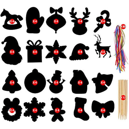 LOKIPA Christmas Scratch Paper Art Ornaments,80 Rainbow Magic Scratch Off Paper Cards with Drawing Sticks&Ribbon for Christmas Decoration
