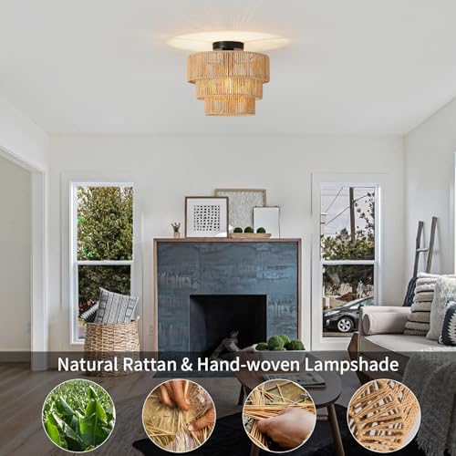 FORCOSO Rattan Ceiling Light 3-Layer, Boho Lamp Light Shade Rattan Lampshade, E27 Vintage Chandelier Light Fitting, Rustic Ceiling Lamp Fixtures for Living Room Bedroom Dining Table Kitchen Hallway