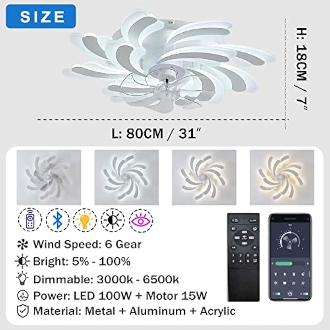 YUNZI LED 50W Ceiling Fan with Lamp, Quiet Fan Ceiling Light, Modern Dimmable Ceiling Fan Lighting for Living Room Dining Room Bedroom Kitchen, Adjustable 6 Speeds, White 80CM