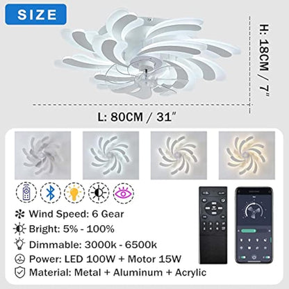 YUNZI LED 50W Ceiling Fan with Lamp, Quiet Fan Ceiling Light, Modern Dimmable Ceiling Fan Lighting for Living Room Dining Room Bedroom Kitchen, Adjustable 6 Speeds, White 80CM