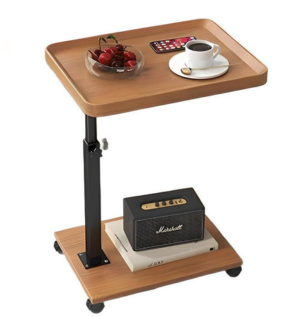 Gelory C-Shaped Side Table with 4 Wheels Adjustable Sofa End Tables, Wood