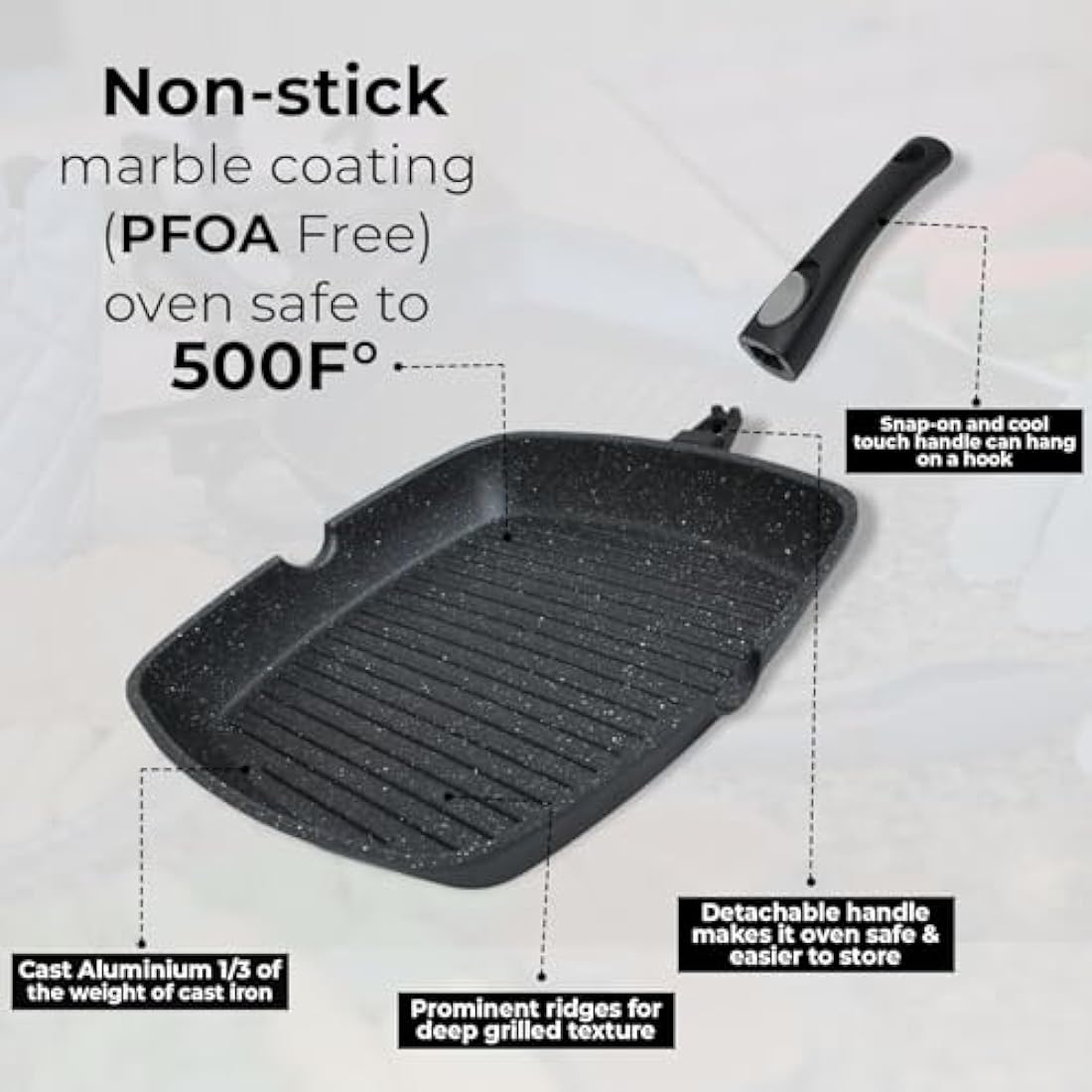 Chef Wonderful Non-Stick Griddle Pan for Induction Hob. Aluminium Steak Pan (28cm) Non-Stick Marble Coating & Detachable Handle. Induction Grill for All Hobs. Suitable for Gas & Oven Grilling.