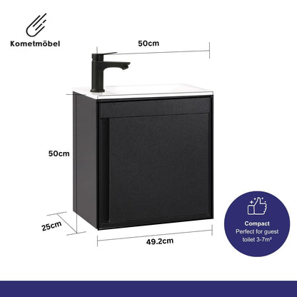 Kometmöbel Cloakroom Vanity Unit With Wash Basin Bathroom Vanity 50cm Wall Hung (Black Without Tap, 500mm)