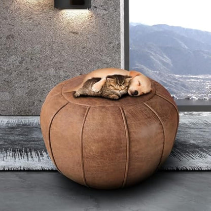 Unstuffed Round Pouffe, Supersoft Handmade Faux Decor Pouf Ottoman Cover, Storage Solution, Foot Rest, Footstool, Pouffe Seat or Balcony Office Indoor(Cognac Brown)