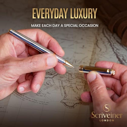 Scriveiner Silver Chrome Rollerball Pen - Stunning Luxury Pen, Real Gold Plating, Schmidt Ink Refill, Best Roller Ball Pen Gift Set for Men & Women, Professional, Executive Office, Nice, Fancy Pens