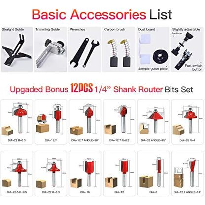 CtopoGo Compact Wood Palm Router Tool Hand Edge Trimmer Woodworking Joiner Cutting Palmming Tool 30000R/MIN 800W 220V with 12PCS 1/4" Router Bits
