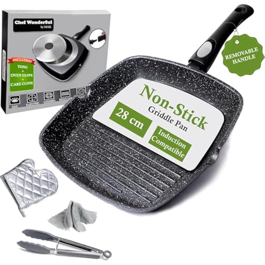 Chef Wonderful Non-Stick (28cm) Griddle Pan for Induction Hob, Marble Coating & Detachable Handle. Aluminium Steak Pan for All Induction Hobs with Glove & Cloth. Suitable for Gas & Oven Grilling