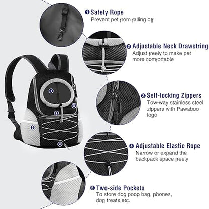 Pawaboo Pet Dog Carrier Backpack, Puppy Dog Travel Carrier Front Pack for Small Medium Dogs Cats, Adjustable Breathable Dog Carrying Backpack with Safety Strips for Hiking Travel Outdoors, Black M