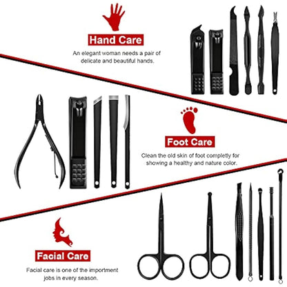 Keiby Citom Manicure Set 18pcs Professional Nail Clippers Kit Pedicure Care Tools-Stainless Steel Grooming Tools With Rose Gold PU Leather Case for Travel & Home (Black/Red)