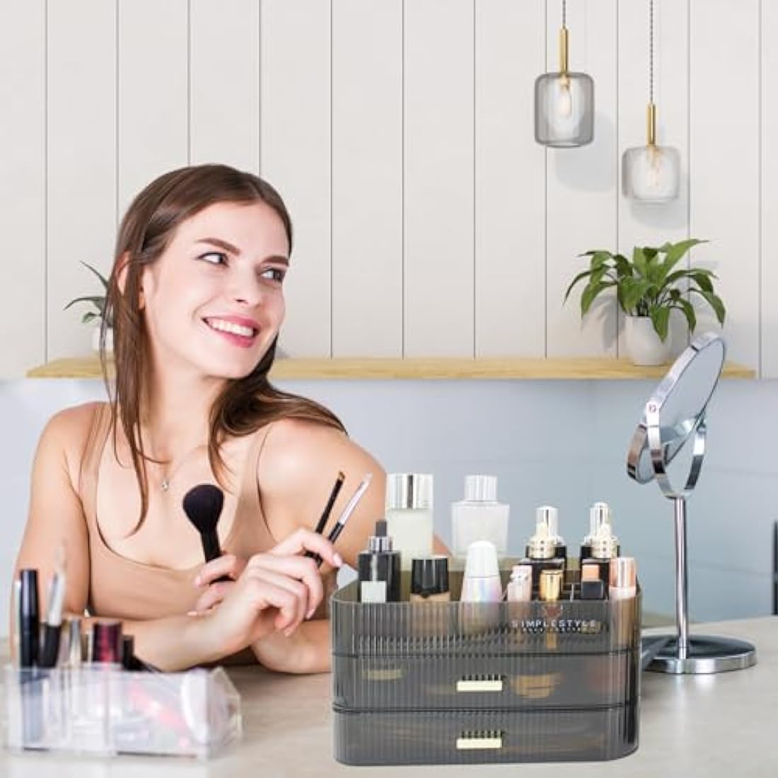 Womanht Makeup Organizer with 2 Drawers, Cosmetics Organizer for Bedroom and Bathroom Vanity Countertops, Large Capacity Cosmetic Storage Box for Skincare Cream Perfume Lipstick Dresser Counter-Black