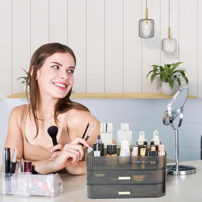 Womanht Makeup Organizer with 2 Drawers, Cosmetics Organizer for Bedroom and Bathroom Vanity Countertops, Large Capacity Cosmetic Storage Box for Skincare Cream Perfume Lipstick Dresser Counter-Black