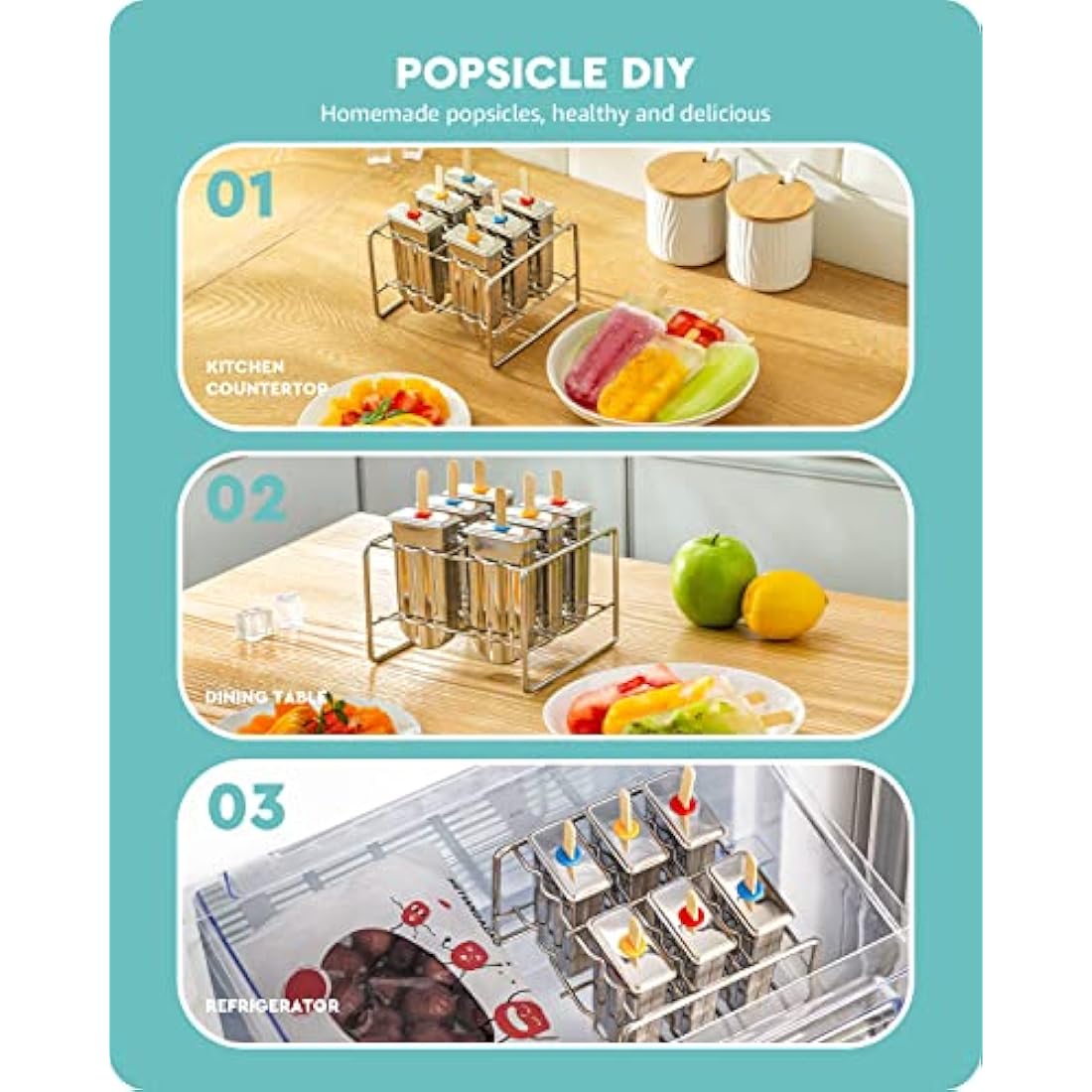 Baffect Stainless Steel Popsicle Mould with Stick Holder Ice Cream Mould Set of 6 (Round)