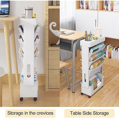 NUODWELL Mobile Bookshelf with Wheel, Large Capacity Magazine Rack Book Cart Removable Storage Organizer Kids Bookshelf, Multi Purpose Rolling Cart for Home School（White）
