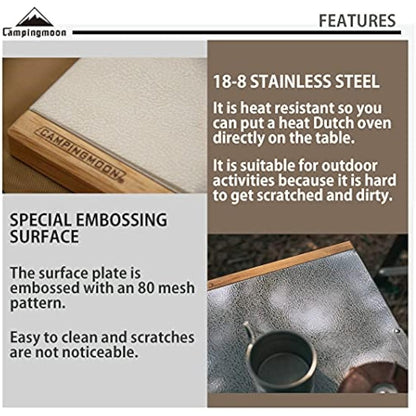 CAMPINGMOON Camping Side Table Heat-Resisting Stainless Steel Embossing Process for Outdoor Table Top Grill with Carrying Bag T-370
