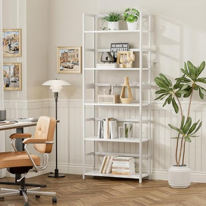 vovala 5-Tier Bookshelf, Industrial Bookcase with Bamboo Frame, Modern Display Standing Shelf Unit, Tall Wood Storage Organizer for Living Room, Home Office, White