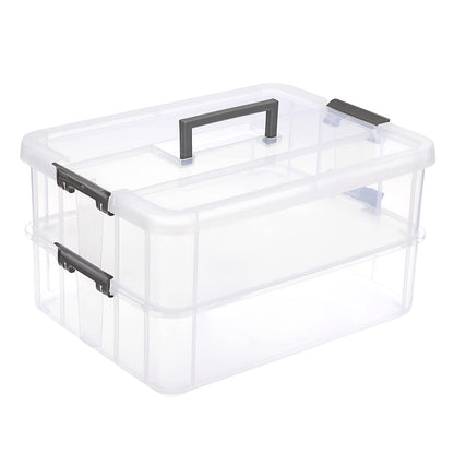 IGNPION 2-Tier Stackable Craft Storage Box Plastic Adjustable Storage Containers with Carry Handle Transparent Containers Organiser for Art & Craft