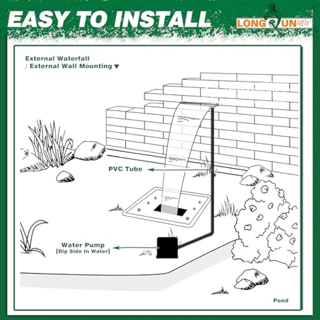 LONGRUNNEW Pond Waterfall Blade Kit, 90cm Acrylic Pool Fountain with Accessories, Width 18cm Curved Outlet Spillway for Garden Patio Pond Decoration