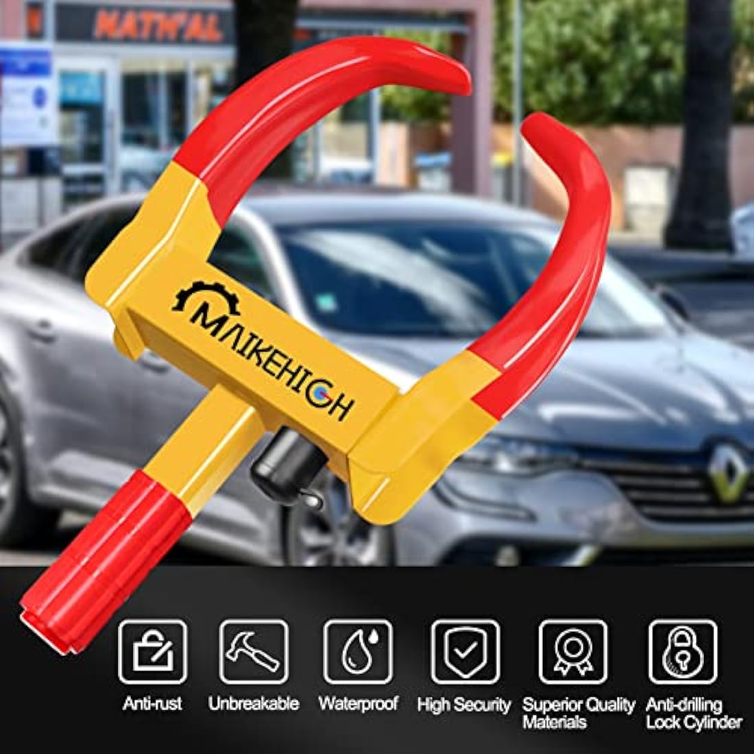MAIKEHIGH Wheel Clamp, Heavy Duty Wheel Clamp Lock Universal Anti-Theft Locking for Cars, Caravans, Trailers, Van, Adjustable Nine-Hole with 3 Keys
