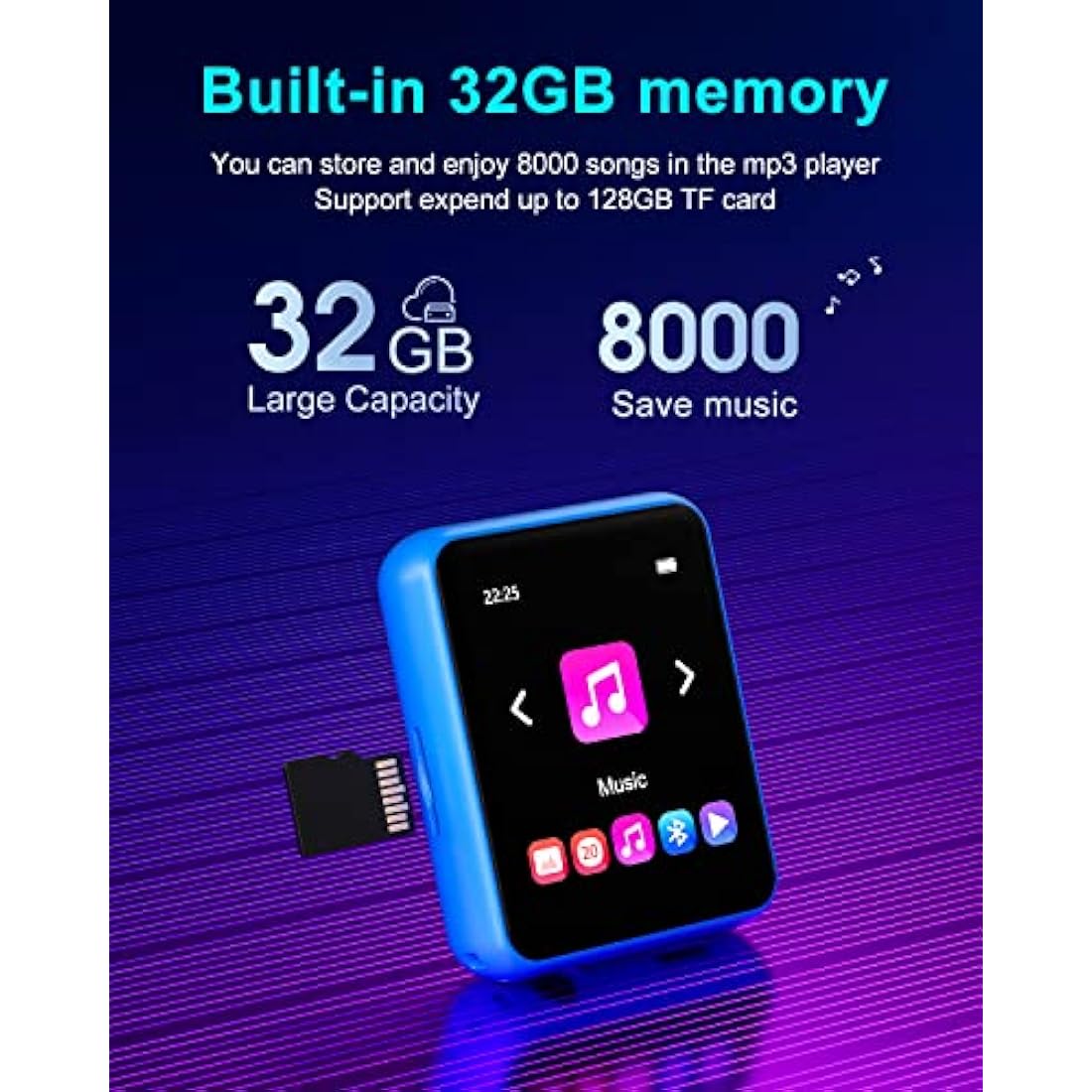 32GB MP3 Player with Bluetooth 5.0, Portable HiFi Lossless Sound MP3 Music Player and FM Radio, Voice Recorder, E-Book, Pedometer, 2.4 Inch Full Touch Screen Sports MP3 Player, Maximum Support 128GB