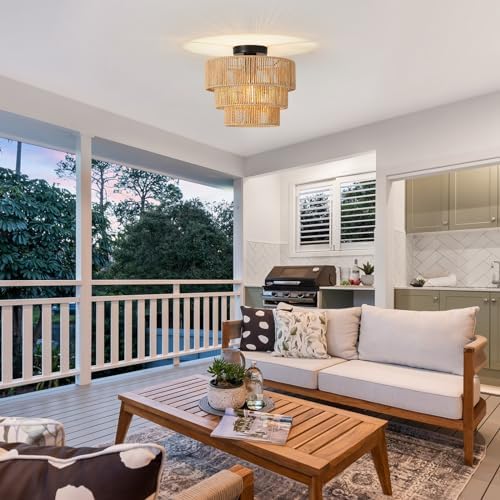 FORCOSO Rattan Ceiling Light 3-Layer, Boho Lamp Light Shade Rattan Lampshade, E27 Vintage Chandelier Light Fitting, Rustic Ceiling Lamp Fixtures for Living Room Bedroom Dining Table Kitchen Hallway