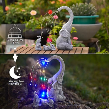 Yeomoo Elephant Statues Garden Ornaments Outdoor - Elephants Mum with Baby Elephant Figurine Solar Lights Elephant Lamp Gifts for Women Men Mum