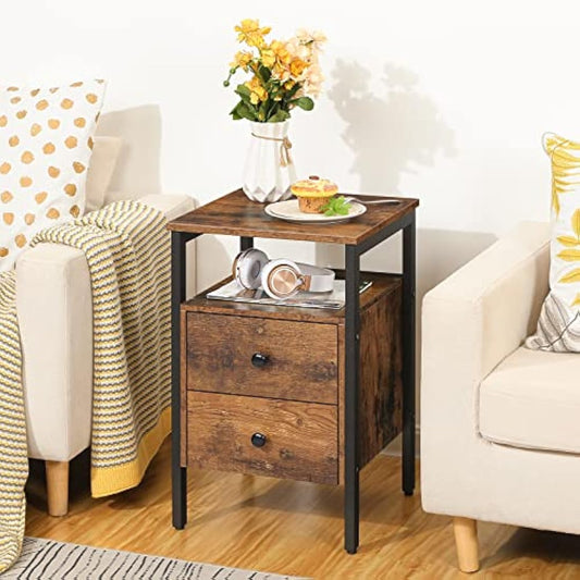 HOOBRO Bedside Table with 2 Drawers, Industrial Sofa Side End Table, Nightstand, End Table with Storage Shelves, for Living Room, Bedroom, Accent Furniture, Easy Assembly, Rustic Brown EBF43BZ01G2