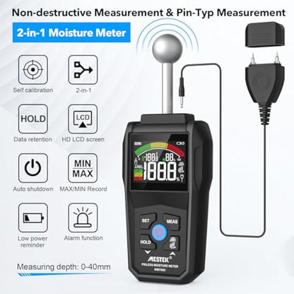 Moisture Meter,MESTEK Damp Meter,2 in 1 Damp Meter for Walls Pin & Pinless with Color LCD and Audible Alarm, Detects 20-40mm of Wall, Wood, Masonry, Concrete and Other Building Materials