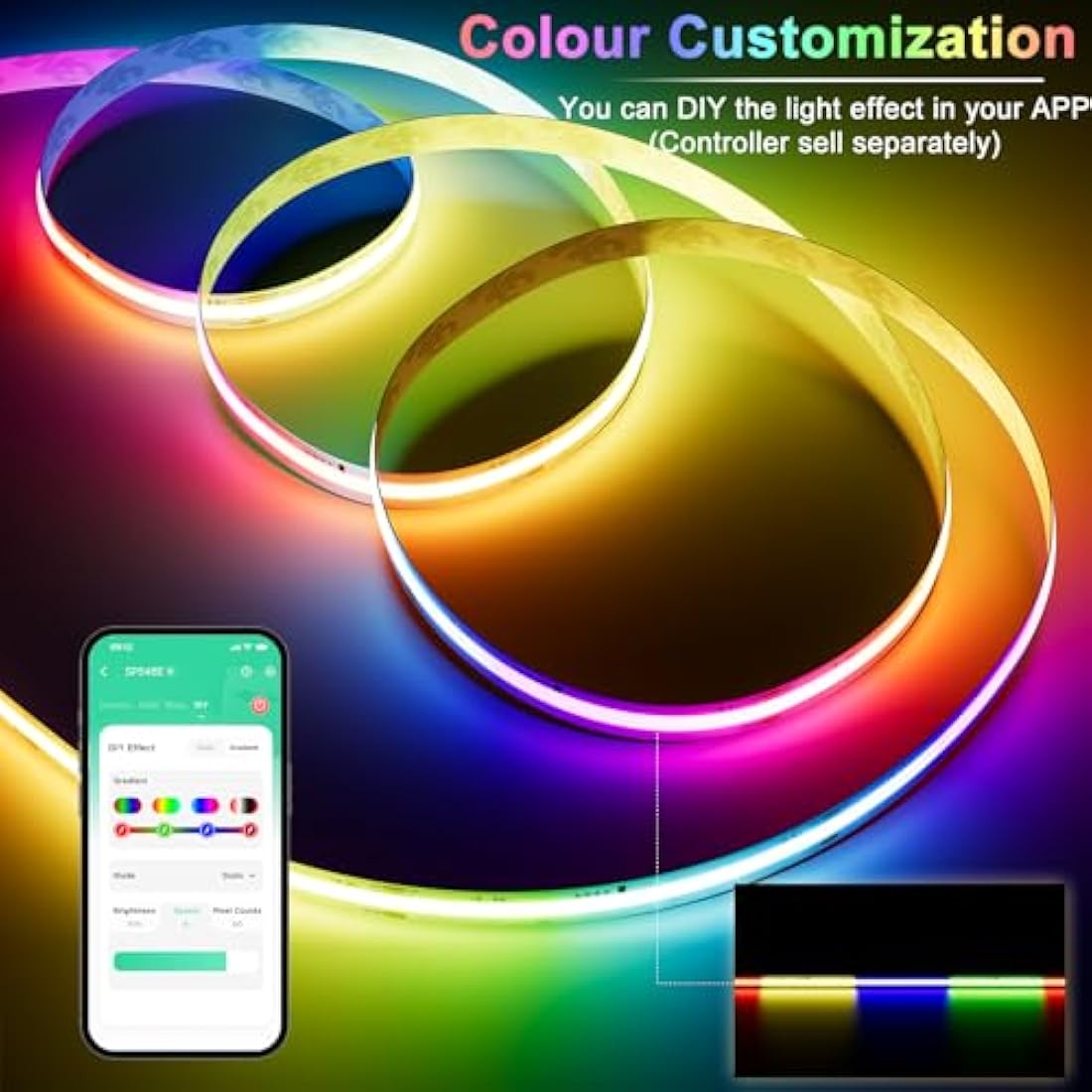 PAUTIX RGB Smart IC COB LED Strip 5M,DC24V Colour-Changing Pixel Addressable RGB LED Tape Lights,Multicoloured Flexible Lights for Home DIY Lighting Projects(Mains and Remote NOT Included)