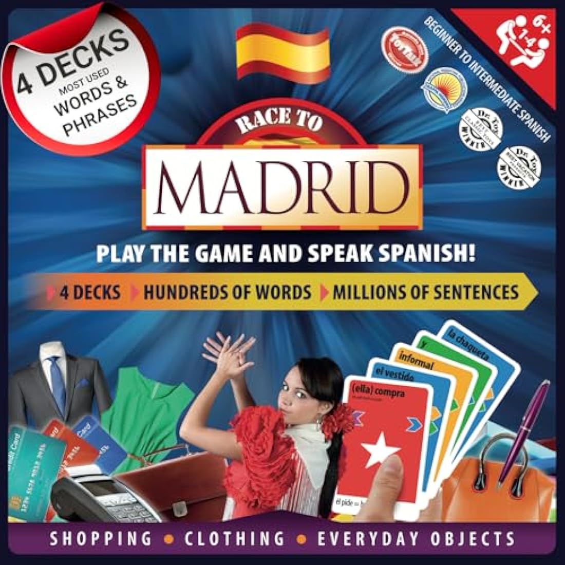 Spanish Board Game – Race to Madrid | Easy to Learn Words, Grammar, Verbs | Fun for Adults, Kids, Beginners, Classroom | 4 Decks Dynamic Flash Cards
