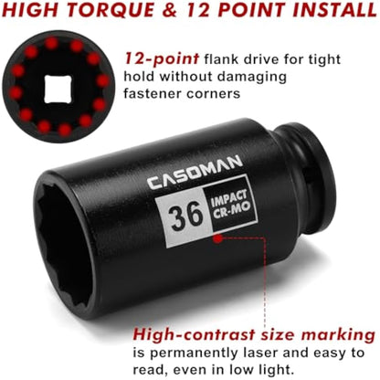 CASOMAN 4 Pieces 1/2" Dr. Heavy Duty Impact Socket Set, 12-Point, Metric, CR-MO, 30,32,34,36mm, 1/2-Inch Drive Deep Spindle Axle Nut Impact Socket Set